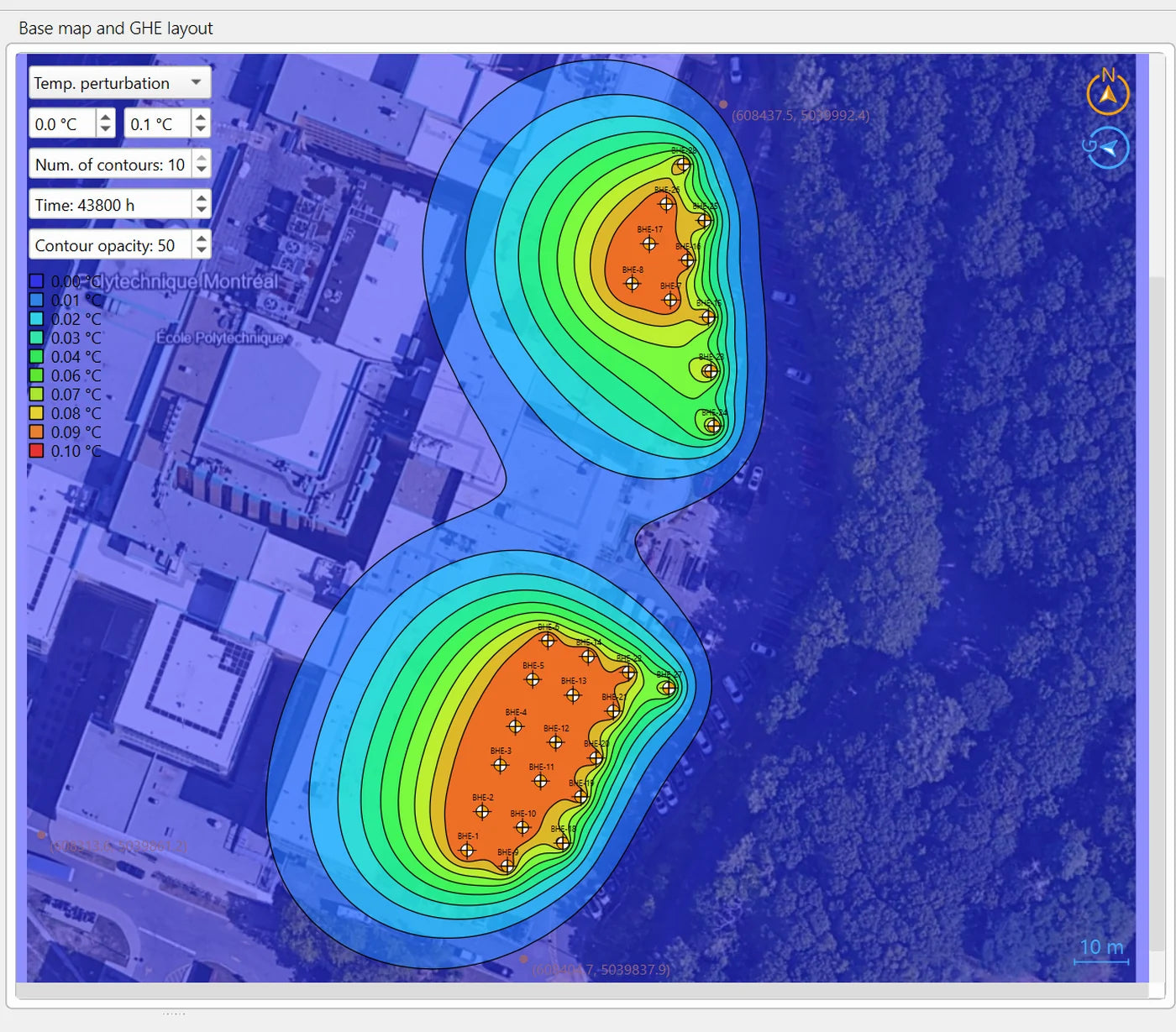 Isothermal contours of ground temperature change around two borehole clusters on the aerial base map, visibly lopsided and stretched toward one side by groundwater flow