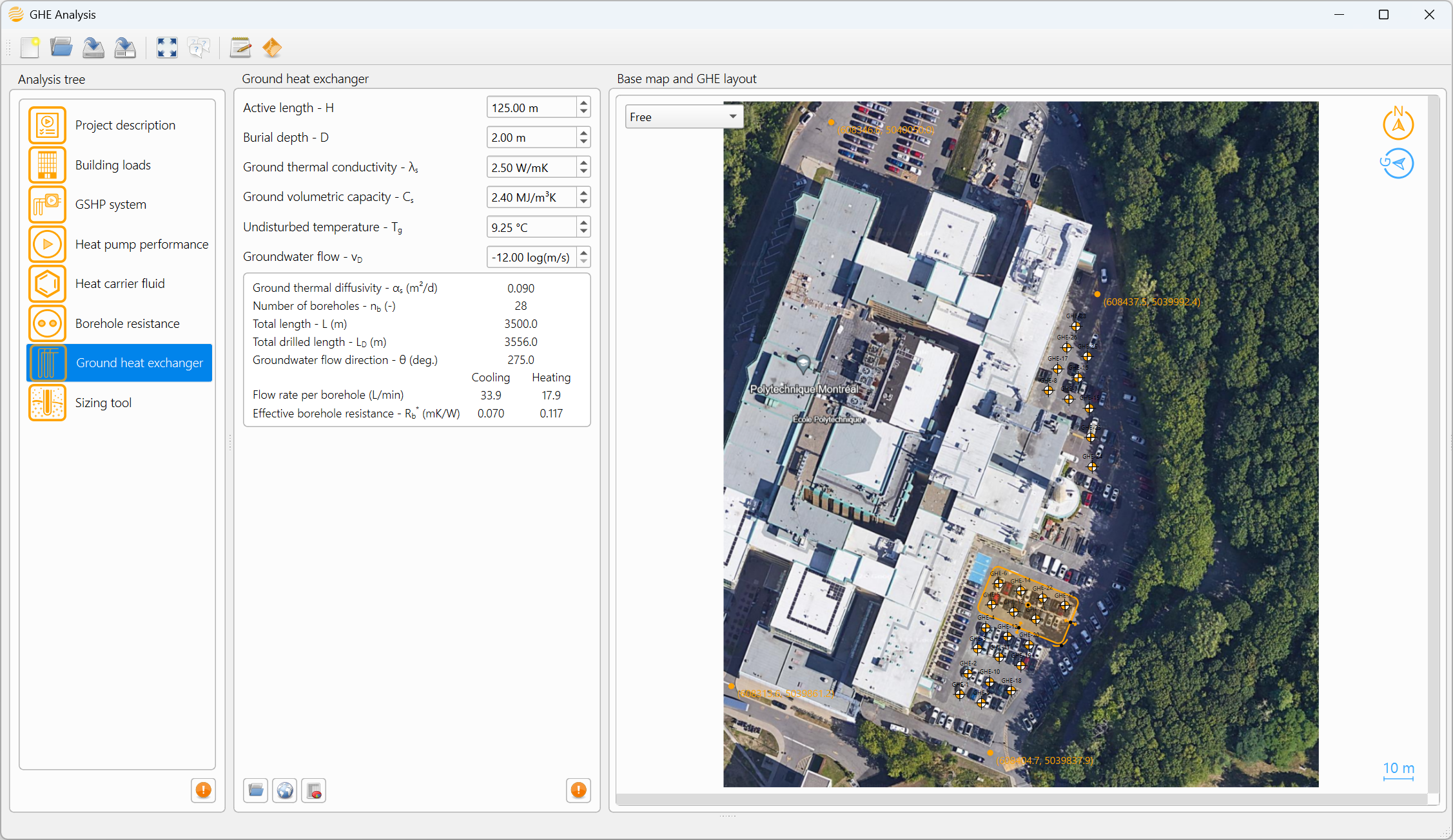 Screenshot of a geothermal borehole field showing the interactive nature of the design software GHE Analysis.