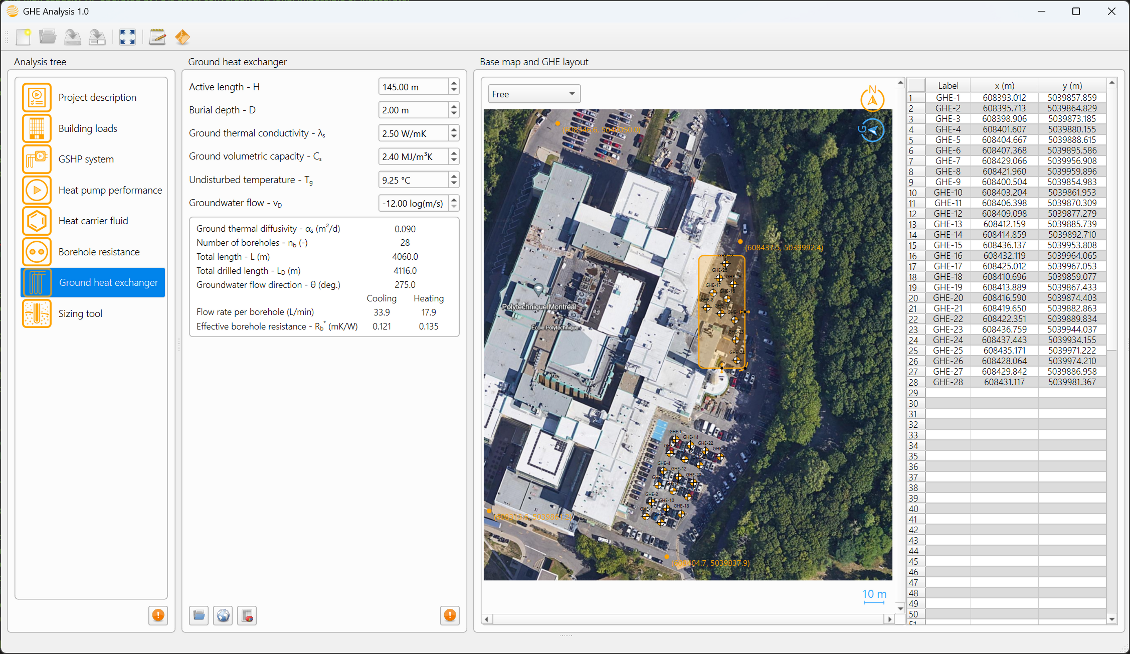Screenshot of a geothermal borehole field showing the interactive nature of the design software GHE Analysis.