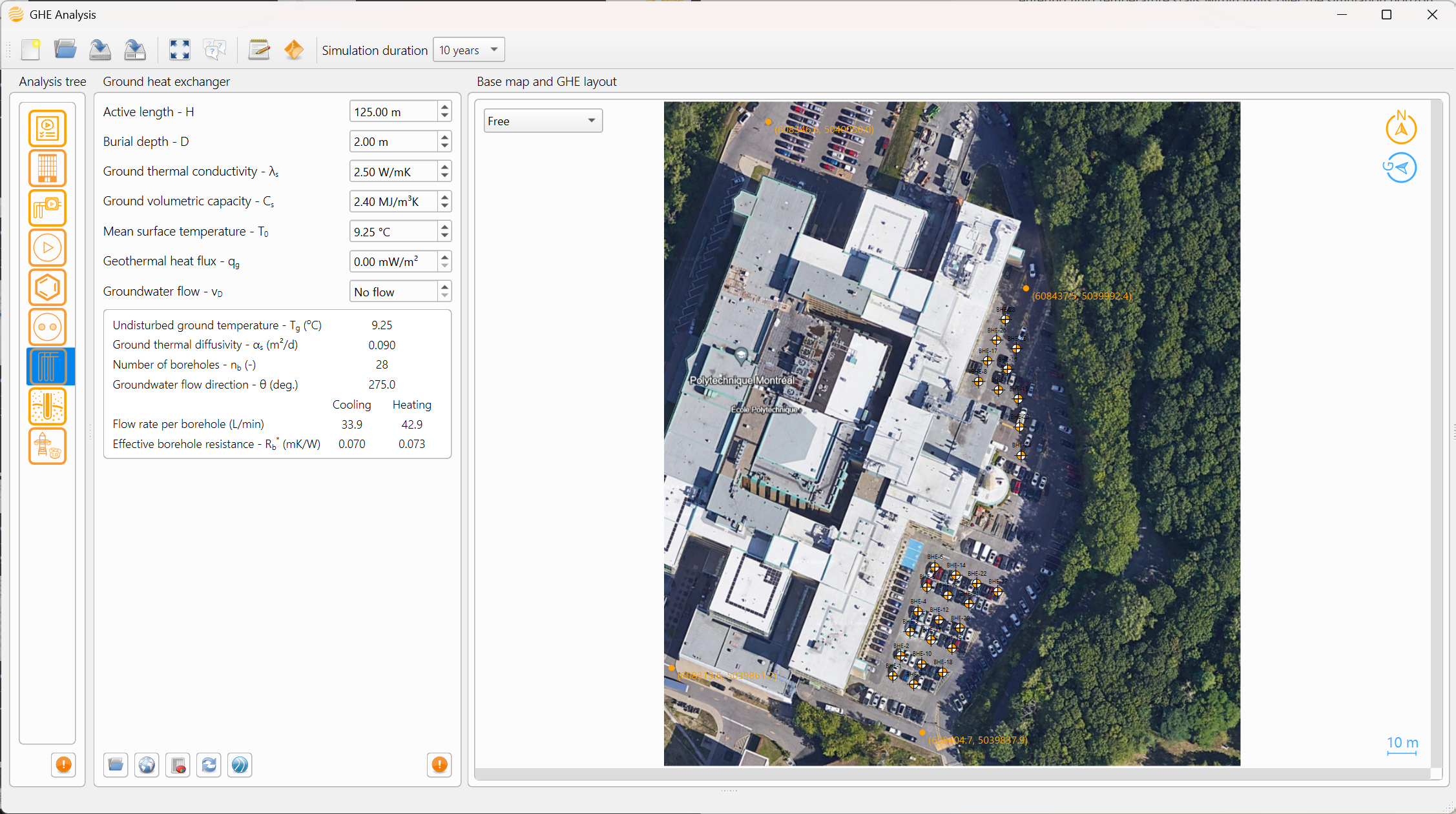 GHE Analysis — Resizable split layout. Users can drag the orange panel dividers to dynamically reallocate screen space, enlarging charts, maps, or other workspace elements to improve visibility and facilitate interactive borehole manipulation.