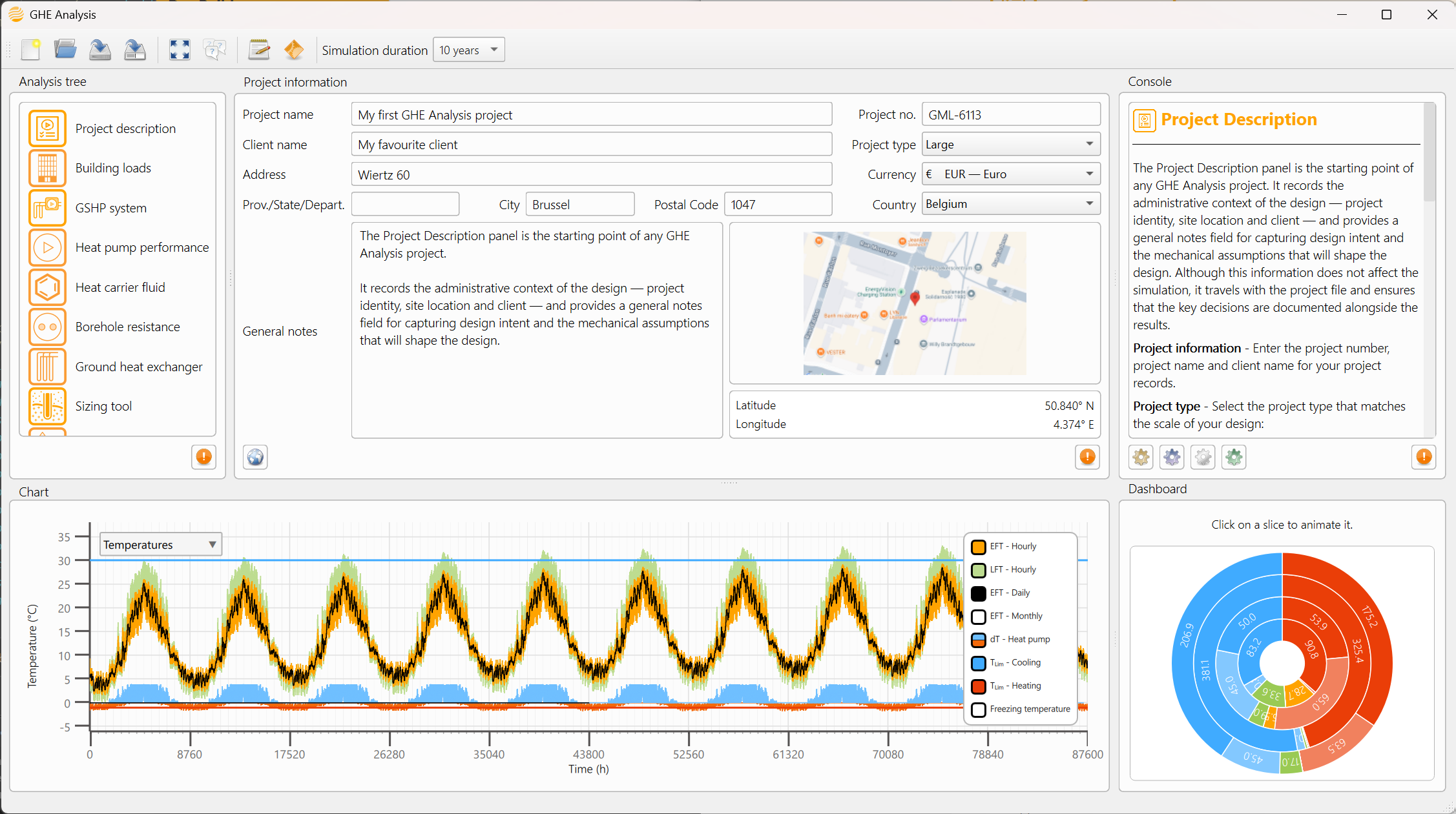 GHE Analysis — Project Description panel — project name, client information, site address, location map and general notes